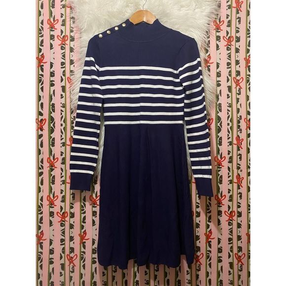 Eliza J | Stripe Mock Neck Fit & Flare Dress Navy Medium - Picture 1 of 7